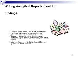 Writing Analytical Reports (contd..) Findings Discuss the pros and cons of each alternative. Establish criteria to evaluate alternatives.  Support the findings with evidence(: facts, statistics, expert opinion, survey data, and other proof) Use headings, enumerations, lists, tables, and graphics to focus attention. 