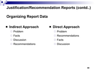 Indirect Approach Problem Facts Discussion Recommendations Direct Approach Problem Recommendations Facts Discussion Justification/Recommendation Reports (contd..) Organizing Report Data 