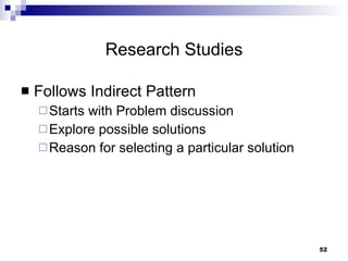 Research Studies Follows Indirect Pattern Starts with Problem discussion Explore possible solutions Reason for selecting a particular solution  