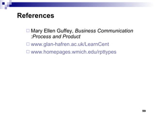 Mary Ellen Guffey,  Business Communication :Process and Product  www.glan-hafren.ac.uk/LearnCent www.homepages.wmich.edu/rpttypes References 