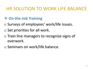 HR SOLUTION TO WORK LIFE BALANCE
10
 On-the-Job Training
o Surveys of employees’ work/life issues.
o Set priorities for all work.
o Train line managers to recognize signs of
overwork.
o Seminars on work/life balance.
 