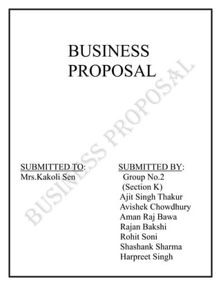 BUSINESS           PROPOSAL<br />              <br />SUBMITTED TO:               SUBMITTED BY:<br />Mrs.Kakoli Sen                      Group No.2<br />                                               (Section K)<br />                                              Ajit Singh Thakur<br />                                              Avishek Chowdhury<br />                                              Aman Raj Bawa<br />                                              Rajan Bakshi<br />                                              Rohit Soni<br />                                              Shashank Sharma<br />                                              Harpreet Singh<br />                             AASHA “BRINGING HOPE IN                <br />                               LIFE”<br />SUBMITTED TO: TATA GROUP OF INDUSTRIES<br />SUBMITTED BY: AASHA “BRINGING HOPE IN LIFE”<br />1st January 2010<br />Mr. Ratan Tata<br />Chairman TATA Group of Industries<br />Respected Sir,<br />We AASHA FOUNDATION are pleased to present this grant proposal for the development (education/health) of poor children in villages of rural India especially Delhi and NCR. This grant would help us provide nutritious food to poor and under privileged children in the rural and resettlement areas. This will also help in opening crèches in rural part of the cities like Delhi and NCR. <br />We seek a grant of Rs. 3,00,000 to help this program reach its destination. Your fund will help these underprivileged children reach their desired goal. This effort of ours will not only help provide these children with a better tomorrow, but will also help in building a stronger and developed India.<br />We thank u in advance for considering our request. If you have any questions or require any additional information. Please contact me at 9650028647,<br />9582121024.<br />Sincerely,<br />Arman Kapoor<br />Executive Director<br />AASHA FOUNDATION<br /> EXECUTIVE SUMMARY<br />AASHA “Bringing Hope In Life” is a non governmental organization working for the welfare of the underprivileged children in rural India. Our main aim is to support these children and provide them education, health and proper food which is their birth right.<br />AASHA FOUNDATION “bringing hope to life” was established in the year 1981, with a motive to accelerate the pace of social development by supporting those who are not as privileged as other children in our society. Our AASHA Foundation has been working for girl child programs, swayam, sudhar, shiksha project, creating awareness among slum dwellers about the how important education and health is in their areas.<br />AASHA Foundation seeks Rs 3, 00,000 as grant from your organization so that we continue with our efforts with your help and support. Your grant will help in supporting these underprivileged children reach their goals and a better tomorrow for the future India.<br />A project committee has been formed to formulate this program, as it requires a lot of planning, money, implementation and supervision.<br />INTRODUCTION<br />AASHA (Bringing Hope In life) is a non profit organization working in Delhi with the vision to one day equips all children with clothes, food, shelter and education. So, that they can become a bright future of India. The organization works on the theme that “EVERY CHILD IS SPECIAL”. Over the past 29 years, the organization has expanded from 15 children to 1,355 children. For this organization has travelled all over Delhi and played a huge part in removing the slum in Delhi.<br />AASHA (Bringing Hope In life) has collaboration with GOVT. and NON GOVT. ORGANIZATION and is working for children welfare over 29 years. From the beginning to now it has collaborated with Xansa ltd. and networked with foundation of South Africa. As a result it has created a big name and trust among people.<br />With developing trust, more people are coming and becoming the part of the organization. The trust is working for children welfare by providing them education, nutritious food, shelter, clothes, health care and leading their way to path of success.<br />AASHA (Bringing Hope In Life) OBJECTIVES<br />,[object Object]