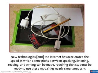 New technologies [and] the Internet has accelerated the
speed at which connections between speaking, listening,
reading, and writing can be made, requiring that students be
ready to use these modalities nearly simultaneously.
http://farm6.staticflickr.com/5172/5428715420_219d0656fd_o.jpg

 