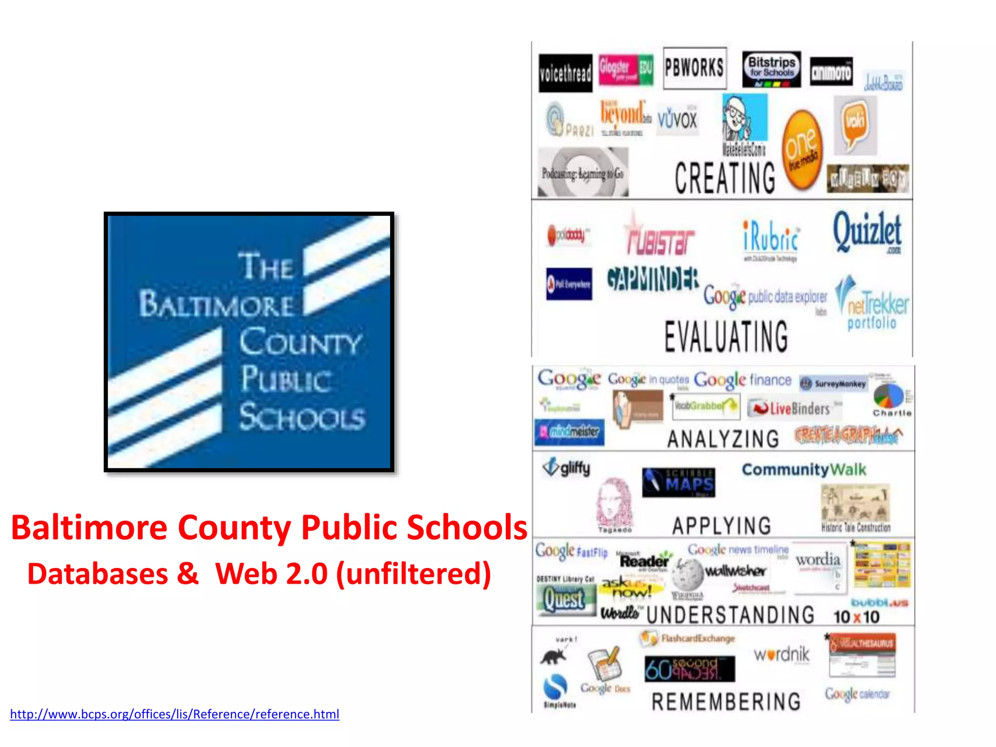 http://www.bcps.org/offices/lis/Reference/reference.html
BCPS
Digital
Taxonomy
Databases & Web 2.0 (unfiltered)
Baltimore County Public Schools
 