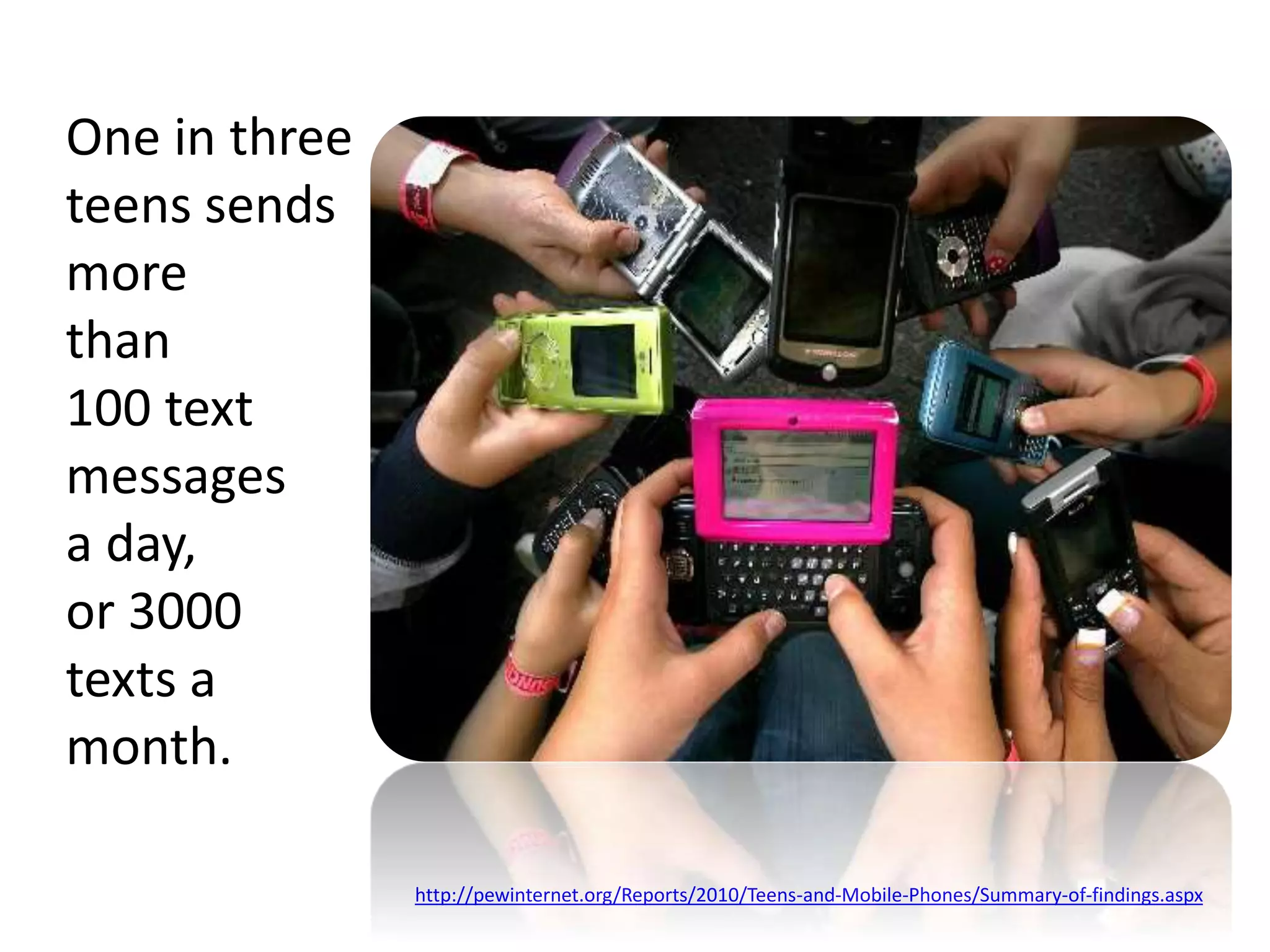One in three
teens sends
more
than
100 text
messages
a day,
or 3000
texts a
month.
http://pewinternet.org/Reports/2010/Teens-and-Mobile-Phones/Summary-of-findings.aspx
 