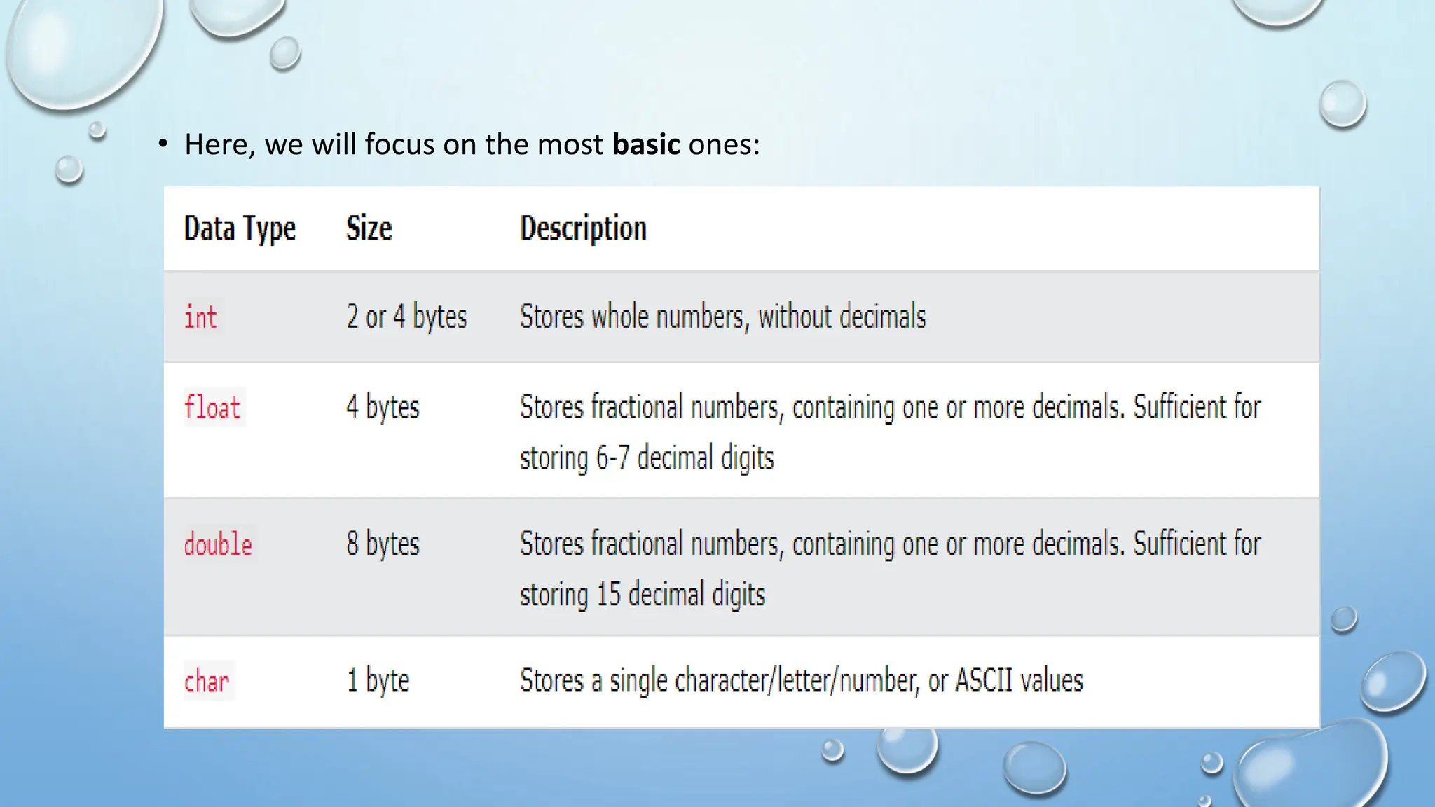 • Here, we will focus on the most basic ones:
 