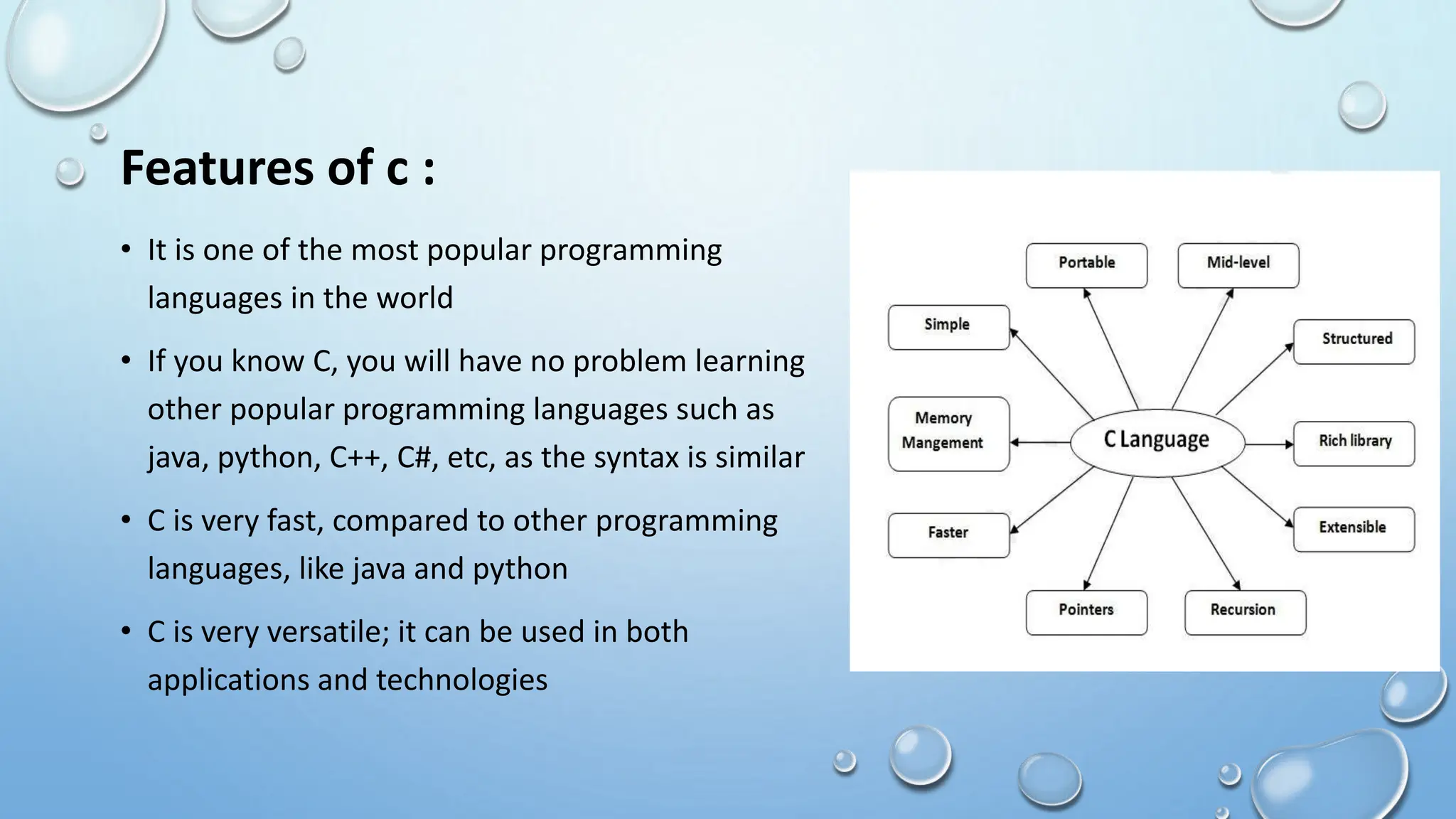 Features of c :
• It is one of the most popular programming
languages in the world
• If you know C, you will have no problem learning
other popular programming languages such as
java, python, C++, C#, etc, as the syntax is similar
• C is very fast, compared to other programming
languages, like java and python
• C is very versatile; it can be used in both
applications and technologies
 