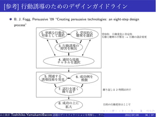 [参考] 行動誘導のためのデザインガイドライン
        B. J. Fogg, Persuasive ’09 “Creating persuasive technologies: an eight-step design
        process”

                         1. 単純な行動を          E
                                            '    2. 受容的な            受容的: 行動変化に肯定的
                         対象として選択                 聴衆を選択              行動と聴衆の不整合 → 行動の設計変更

                             u       …
                                     u              
                                                    !       !
                                         3. 行動誘導の
                                          障害を検出
                                 …           c
                                             T          
                                      4. 適切な技術
                                      チャネルを選択

                                             c
                          5. 関連する           E
                                            '    6. 成功例を
                         誘導技術を発見                    模倣
                                  …
                                  u                 
                                                    !
                                         7. 試行を速く                   繰り返しは 2 時間以内で
                                            繰り返す

                                             c
                                         8. 成功の上に                   目的の行動変容はここで
                                             拡大
                                                                .      .    .     .     .    .
山上俊彦   Toshihiko.Yamakami@access-company.com (ACCESS)
                               話題のゲーミフィケーションを理解し、 チーム力を倍増させる技 【要約版】
                                                             2012/07/20                      36 / 37
 