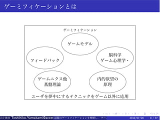 ゲーミフィケーションとは


                                ゲーミフィケーション



                                  ゲームモデル

                                                    脳科学
                フィードバック                           ゲーム心理学・



                   ゲームニクス他                       内的欲望の
                     基盤理論                          原理

                ユーザを夢中にするテクニックをゲーム以外に応用


                                                   .    .    .   .    .    .
山上俊彦   Toshihiko.Yamakami@access-company.com (ACCESS)
                               話題のゲーミフィケーションを理解し、 チーム力を倍増させる技 2012/07/20
                                                              【要約版】        8 / 37
 