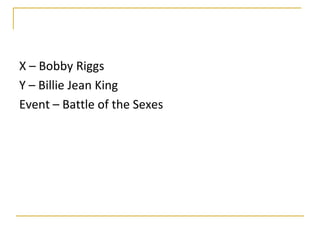 X – Bobby Riggs
Y – Billie Jean King
Event – Battle of the Sexes
 