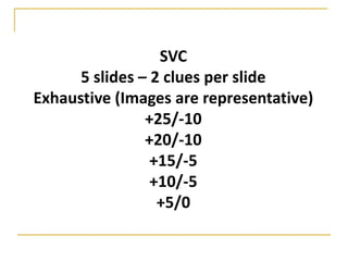 SVC
                 BOMBAY QUIZ CLUB


       5 slides – 2 clues per slide
Exhaustive (Images are representative)
                 +25/-10
                 +20/-10
                 Presents
                  +15/-5
                  +10/-5
A general quiz which depends on how much
                   +5/0
          Mumbai Mirror you read
 