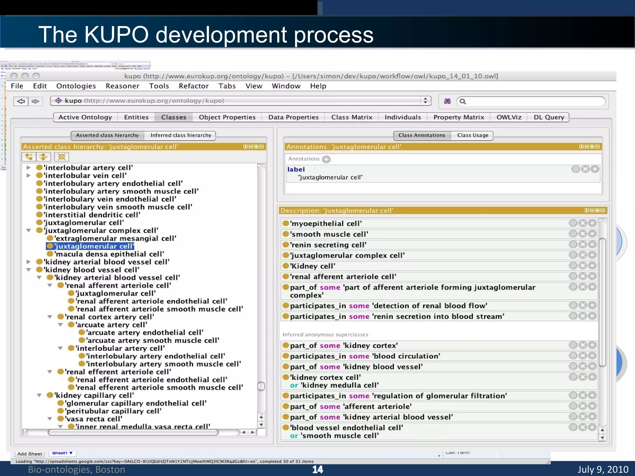 The KUPO development process
Collaborative
Spreadsheet
Collaborative
Spreadsheet
Individual
Spreadsheet
Individual
Spreadsheet
Issue TrackerIssue Tracker
OPPL
Script
Formulation
OPPL
Script
Formulation
Generate
OWL
Generate
OWL
Reasoned
Ontology
Reasoned
Ontology
View OntologyView Ontology
July 9, 2010Bio-ontologies, Boston
 