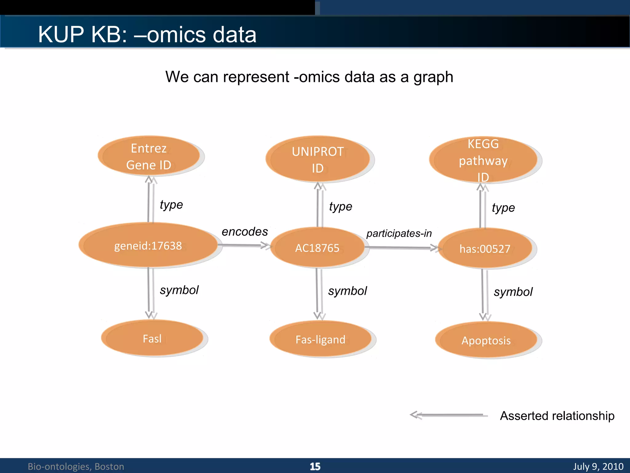 KUP KB: –omics data
Asserted relationship
geneid:17638geneid:17638
Entrez
Gene ID
Entrez
Gene ID
type
FaslFasl
symbol
AC18765AC18765
encodes
UNIPROT
ID
UNIPROT
ID
type
We can represent -omics data as a graph
KEGG
pathway
ID
KEGG
pathway
ID
has:00527has:00527
type
participates-in
Fas-ligandFas-ligand
symbol
ApoptosisApoptosis
symbol
July 9, 2010Bio-ontologies, Boston
 