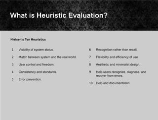 What is Heuristic Evaluation?
1 Visibility of system status.
2 Match between system and the real world.
3 User control and freedom.
4 Consistency and standards.
5 Error prevention.
6 Recognition rather than recall.
7 Flexibility and efficiency of use
.
8 Aesthetic and minimalist design.
9 Help users recognize, diagnose, and
recover from errors.
10 Help and documentation.
Nielsen’s Ten Heuristics
 