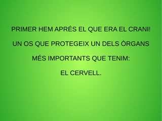 PRIMER HEM APRÉS EL QUE ERA EL CRANI! 
UN OS QUE PROTEGEIX UN DELS ÒRGANS 
MÉS IMPORTANTS QUE TENIM: 
EL CERVELL. 
 