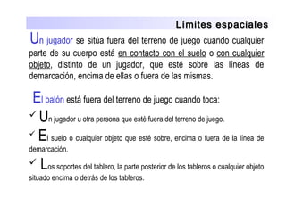 Límites espacialesLímites espaciales
 Un jugador se sitúa fuera del terreno de juego cuando cualquier 
parte de su cuerpo está en contacto con el suelo o con cualquier 
objeto,  distinto  de  un  jugador,  que  esté  sobre  las  líneas  de 
demarcación, encima de ellas o fuera de las mismas.
 El balón está fuera del terreno de juego cuando toca:
 Un jugador u otra persona que esté fuera del terreno de juego.

 El suelo o cualquier objeto que esté sobre, encima o fuera de la línea de 
demarcación.
 Los soportes del tablero, la parte posterior de los tableros o cualquier objeto 
situado encima o detrás de los tableros.
 