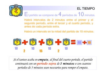 EL TIEMPO
El partido se compone de 4períodos de 10minutos.
Habrá intervalos de 2 minutos entre el primer y el
segundo período, entre el tercer y el cuarto período, y
antes de cada período extra.
Habrá un intervalo en la mitad del partido de 15 minutos.
Si el tanteo acaba en empate, al final del cuarto período, el partido
continuará con un período extra de 5 minutos o con cuantos
períodos de 5 minutos sean necesarios para romper el empate.
10 10 10 10
2 215
40 19
 