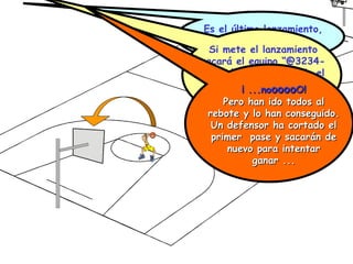 Es el último lanzamiento,
todos irán al rebote.
Si mete el lanzamiento
sacará el equipo “@3234-
pero habrán empatado el
encuentro a 1 minuto del
final ...
¡ ...no¡ ...noooooooooO!O!
¡ ...no¡ ...noooooooooO!O!
Pero han ido todos alPero han ido todos al
rebote y lo han conseguido.rebote y lo han conseguido.
Un defensor ha cortado elUn defensor ha cortado el
primer pase y sacarán deprimer pase y sacarán de
nuevo para intentarnuevo para intentar
ganar ...ganar ...
 