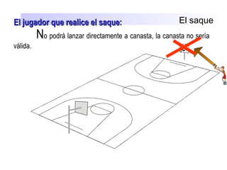 El saque
No podrá lanzar directamente a canasta, la canasta no sería
válida.
El jugador que realice el saqueEl jugador que realice el saque::
 