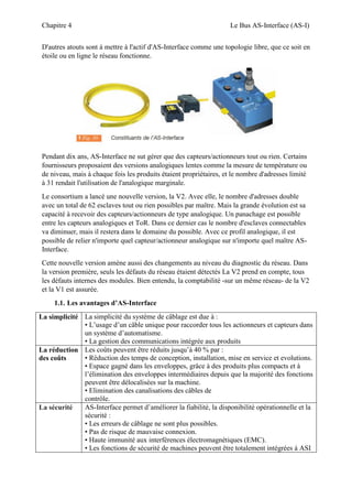 Chapitre 4 Le Bus AS-Interface (AS-I)
D'autres atouts sont à mettre à l'actif d'AS-Interface comme une topologie libre, que ce soit en
étoile ou en ligne le réseau fonctionne.
Pendant dix ans, AS-Interface ne sut gérer que des capteurs/actionneurs tout ou rien. Certains
fournisseurs proposaient des versions analogiques lentes comme la mesure de température ou
de niveau, mais à chaque fois les produits étaient propriétaires, et le nombre d'adresses limité
à 31 rendait l'utilisation de l'analogique marginale.
Le consortium a lancé une nouvelle version, la V2. Avec elle, le nombre d'adresses double
avec un total de 62 esclaves tout ou rien possibles par maître. Mais la grande évolution est sa
capacité à recevoir des capteurs/actionneurs de type analogique. Un panachage est possible
entre les capteurs analogiques et ToR. Dans ce dernier cas le nombre d'esclaves connectables
va diminuer, mais il restera dans le domaine du possible. Avec ce profil analogique, il est
possible de relier n'importe quel capteur/actionneur analogique sur n'importe quel maître AS-
Interface.
Cette nouvelle version amène aussi des changements au niveau du diagnostic du réseau. Dans
la version première, seuls les défauts du réseau étaient détectés La V2 prend en compte, tous
les défauts internes des modules. Bien entendu, la comptabilité -sur un même réseau- de la V2
et la V1 est assurée.
1.1. Les avantages d’AS-Interface
La simplicité La simplicité du système de câblage est due à :
• L’usage d’un câble unique pour raccorder tous les actionneurs et capteurs dans
un système d’automatisme.
• La gestion des communications intégrée aux produits
La réduction
des coûts
Les coûts peuvent être réduits jusqu’à 40 % par :
• Réduction des temps de conception, installation, mise en service et evolutions.
• Espace gagné dans les enveloppes, grâce à des produits plus compacts et à
l’élimination des enveloppes intermédiaires depuis que la majorité des fonctions
peuvent être délocalisées sur la machine.
• Elimination des canalisations des câbles de
contrôle.
La sécurité AS-Interface permet d’améliorer la fiabilité, la disponibilité opérationnelle et la
sécurité :
• Les erreurs de câblage ne sont plus possibles.
• Pas de risque de mauvaise connexion.
• Haute immunité aux interférences électromagnétiques (EMC).
• Les fonctions de sécurité de machines peuvent être totalement intégrées à ASI
 