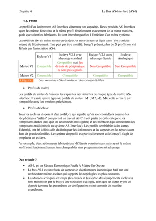 Chapitre 4 Le Bus AS-Interface (AS-I)
4.1. Profil
Le profil d'un équipement AS-Interface détermine ses capacités. Deux produits AS-Interface
ayant les mêmes fonctions et le même profil fonctionnent exactement de la même manière,
quels que soient les fabricants. Ils sont interchangeables à l'intérieur d'un même système.
Le profil est fixé en usine au moyen de deux ou trois caractères figés dans l'électronique
interne de l'équipement. Il ne peut pas être modifié. Jusqu'à présent, plus de 20 profils ont été
définis par l'association AS-i.
Esclave V1
Esclave V2.1 avec
adressage standard
Esclave V2.1 avec
adressage étendu
Esclave
Analogique
Maitre V1 Compatible
Compatible mais les
défauts de périphérique
ne sont pas signalés
Non Compatible Non Compatible
Maitre V2 Compatible Compatible Compatible Compatible
 Profils du maître
Les profils du maître définissent les capacités individuelles de chaque type de maître AS-
Interface. Il existe quatre types de profils du maître : M1, M2, M3, M4, cette dernière est
compatible avec les versions précédentes.
 Profils d'esclave
Tous les esclaves disposent d'un profil, ce qui signifie qu'ils sont considérés comme des
périphériques "asifiés" comportant un circuit ASIC. Font partie de cette catégorie les
composants dédiés (tels que les actionneurs intelligents) et les interfaces (qui connectent des
composants traditionnels au système AS-Interface). Les profils, semblables à des cartes
d'identité, ont été définis afin de distinguer les actionneurs et les capteurs en les répartissant
dans de grandes familles. Le système desprofils est particulièrement utile lorsqu'il s'agit de
remplacer un esclave.
Par exemple, deux actionneurs fabriqués par différents constructeurs mais ayant le même
profil sont fonctionnellement interchangeables sans programmation ni adressage.
Que retenir ?
 AS-I, est un Réseau Économique Facile À Mettre En Oeuvre
 Le bus AS-I est un réseau de capteurs et d'actionneurs économique basé sur une
architecture maître-esclave qui supporte les topologies les plus courantes.
 Les données critiques en temps (les entrées et les sorties des équipements esclaves)
sont transmises par le biais d'une scrutation cyclique, alors que les autres types de
donnée (comme les paramètres de configuration) sont transmis de manière
asynchrone.
 