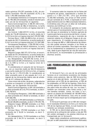 MEDIOS DE TRANSPORTE Y VÍAS NAVEGABLES


vados químicos 574.297 toneladas (2,4%), de pro-            Si sumamos todos los importes de los fletes del
ductos forestales 158.159 toneladas (0,7%) y de         transporte de granos, subproductos y aceites lle-
otros 1.392.606 toneladas (5,8%).                       gamos a $ 1.001.212.781, cifra que dividido
    En toneladas kilómetros el transporte total fue     13.366.466 toneladas, nos arroja un flete prome-
de 12.198.300.234 toneladas, siendo el volumen para     dio por tonelada de $ 74,90, o expresado en tone-
cada uno de los ferrocarriles el siguiente:             ladas kilómetros de $ 0,1486 la tonelada-kilómetro.
    Nuevo Central Argentino: 4.188.451.442 tn/km,       Si dividimos esta cifra por un dólar de 4,20 pesos,
el recorrido medio de 486,12 kilómetros, la tarifa      tenemos u$s 0,0354 por tn/km.
media de $ 0,1312 la tn/km y el ingreso total de $          El transporte de productos agrícolas es funda-
549.583.040.                                            mental para el funcionamiento del ferrocarril y es
    ALL Central: 3.060.229.911 tn/km, el recorrido      por ello que al extenderse la frontera agrícola de
medio de 716,80 kilómetros, la tarifa media de $        nuestro país hacia las provincias del Norte, el acon-
0,1212 la tn/km y el ingreso total de $ 370.927.800.    dicionamiento, reparación de vías e inversión de
    Ferrosur Roca: 1.968.126.800 tn/km, el recorri-     material rodante en el Belgrano Cargas es de una
do medio de 352,71 kilómetros, la tarifa media de $     gran importancia. El traslado de esas produccio-
0,1611 la tn/km y el ingreso total de $ 317.047.000.    nes a lo largo de 800 a 1.000 kilómetros de distan-
    Ferroexpreso Pampeano: 1.758.259.562 tn/km,         cia sólo puede tornarse rentable si los fletes se
el recorrido medio de 440,65 kilómetros, la tarifa      ubican en niveles razonables. Para lograr ese obje-
media de $ 0,1925 la tn/km y el ingreso total de $      tivo es fundamental la competencia y en ese sen-
338.457.430.                                            tido, dada la gran dispersión de vías del menciona-
    Belgrano Cargas: 865.573.337 tn/km, el recorri-     do ferrocarril, es recomendable su privatización a
do medio de 751,44 kilómetros, la tarifa media de $     distintos actores.
0,1149 la tn/km y el ingreso total de $ 99.483.990.
    ALL Mesopotámica: 357.659.182 tn/km, el re-
corrido medio de 609,34 kilómetros, la tarifa media
de $ 0,1390 la tn/km y el ingreso total de $
49.714.190.                                                                  ESTADOS
                                                        LOS FERROCARRILES DE ESTADOS
    Si consideramos el conjunto de los ferrocarri-
les, con un recorrido medio de 504,18 kilómetros        UNIDOS
y una tarifa media de $ 0,1414 la tn/km, el ingreso
total fue de $ 1.725.213.450. Si consideramos un            El ferrocarril fue y es una de los principales
dólar promedio para el año pasado de $ 4,2, el          factores en el crecimiento económico de Estados
ingreso de los ferrocarriles habría sido de alrede-     Unidos como potencia. Más de 500 ferrocarriles
dor de 411 millones de dólares.                         operan en el país del Norte. Los siete de ‘clase I’
    Como vimos más arriba, de granos, subproductos      participan con el 59% de los operativos, el 90% de
y aceites se transportó un total de 13.366.466 to-      los empleados y el 94% de los ingresos. Estos ferro-
neladas, por los siguientes ferrocarriles:              carriles operan en muchos de los diferentes esta-
    Nuevo Central Argentino: 6.204.120 toneladas a      dos sobre miles de millas de vías. Los ‘no clase I’,
un flete promedio de $ 63,79 la tonelada, es decir:     también son conocidos como líneas cortas y tie-
$ 395.760.815.                                          nen tamaños variados. Juntos, los clase I y no I,
    Ferroexpreso Pampeano: 3.863.080 toneladas a        operan un sistema de alrededor de 140.000 millas,
un flete promedio de $ 84,82 la tonelada, es decir      es decir 225.308 kilómetros. Esta cifra es alrede-
$ 327.666.446.                                          dor de 10 veces mayor que la consignada para nues-
    ALL Central: 2.294.604 toneladas a un flete pro-    tro país.
medio de $ 86,88 la tonelada, es decir $ 199.355.196.       El ferrocarril participa con el 40% del transpor-
    Belgrano Cargas: 809.688 toneladas a un flete       te en toneladas kilómetros (tn/km) y en menos del
promedio de $ 86,37 la tonelada, es decir $             10% de los ingresos por fletes, lo cual muestra cla-
69.932.753.                                             ramente sus ventajas económicas.
    Ferrosur Roca: 179.940 toneladas a un flete             El 70% de la electricidad generada en EE.UU.
promedio de $ 56,82 la tonelada, es decir $             proviene de la utilización del carbón y más del 70%
10.224.191.                                             del carbón entregado a las plantas eléctricas es
    ALL Mesopotámico: 15.034 toneladas a un flete       transportado por el ferrocarril.
promedio de $ 84,70 la tonelada, es decir $                 Según datos estadísticos preliminares publica-
1.273.380.                                              dos por la AAR (Association of American Railroads)


                                                                       20/07/12 - INFORMATIVO SEMANAL BCR - 5
 