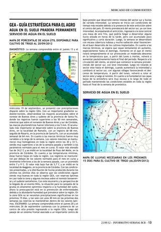 MERCADO DE COMMODITIES


                                                                       baja presión que desarrolló viento intenso del sector sur y lluvias
                                                                       de variada intensidad. La semana se inicia con condiciones de
GEA - GUÍA ESTRATÉGICA PARA EL AGRO                                    tiempo más estable debido a la presencia de este anticiclón sobre
                                                                       el centro del país. El viento prevalecerá del sector sur, ya con leve
AGUA EN EL SUELO PRADERA PERMANENTE                                    intensidad. Acompañando el anticiclón, ingresará a la zona central
SERVICIO DE AGUA EN EL SUELO                                           una masa de aire frío, que podría llegar a desarrollar alguna
                                                                       lluvia aislada en horas de la tarde, pero con acumulado poco
MAPA DE PORCENTAJE DE AGUA ÚTIL DISPONIBLE PARA                        significativo y corta duración. Luego, la semana se desarrollará
                                                                       con escasa cobertura nubosa y mucha radiación solar favorecien-
CULTIVO DE TRIGO AL 20/09/2012
                                                                       do el buen desarrollo de los cultivos implantados. En cuanto a las
                                                                       marcas térmicas, se espera que vayan lentamente en aumento,
DIAGNÓSTICO: La semana comprendida entre el jueves 13 y el
                                                                       especialmente hasta el domingo, momento en el que el viento
                                                                       rotará temporalmente al sur provocando un moderado descenso
                                                                       en la temperatura que, a partir del lunes o martes, volverá a
                                                                       aumentar paulatinamente hasta el final del período. Respecto a la
                                                                       circulación del viento, se prevé que comience la semana prevale-
                                                                       ciendo del sector sur, con leve intensidad, luego irá rotando al
                                                                       sector este hasta el domingo, cuando aumentará la intensidad y
                                                                       cambiará al sector sur, con algunas ráfagas favoreciendo el des-
                                                                       censo de temperatura. A partir del lunes, volverá a rotar al
                                                                       sector este y luego al noreste. En cuanto a la humedad en las capas
                                                                       bajas de la atmósfera será muy escasa a lo largo de todo el
                                                                       período manteniendo las condiciones estables en toda la región
                                                                       hasta el final de la semana de pronóstico.


                                                                       SERVICIO DE AGUA EN EL SUELO




miércoles 19 de septiembre, se presentó con precipitaciones
dispares sobre la región GEA. Con un importante gradiente su-
doeste-noreste, observándose los mayores acumulados sobre el
noreste de Buenos Aires y sudeste de la provincia de Santa Fe,
donde los registros fueron superiores a los 50 mm semanales,
mientras que sobre el noroeste de Buenos Aires y sur de Córdoba,
las marcas pluviométricas fueron inferiores a los 5 mm. El acumu-
lado más importante se desarrolló sobre la provincia de Buenos
Aires, en la localidad de Ramallo, con un registro de 68 mm,
seguido de Rosario, en la provincia de Santa Fe, con un acumulado
semanal de 64 mm. En cuanto a las marcas térmicas fueron muy
variables a lo largo de la semana. Los valores máximos se mantu-
vieron muy homogéneos en toda la región entre los 30 y 33°C,
siendo muy superiores a los de la semana pasada y también a los
parámetros normales para el mes en curso. El valor más elevado
fue de 34,2°C y se midió en la localidad de Pozo del Molle, en la
provincia de Córdoba. En cuanto a las temperaturas mínimas,
éstas fueron bajas en toda la región. Los registros se mantuvie-
ron por debajo de los valores normales para el mes en curso y          MAPA DE LLUVIAS NECESARIAS EN LOS PRÓXIMOS
levemente inferiores a los de la semana pasada, con un promedio        15 DÍAS PARA EL CULTIVO DE TRIGO (AL20/09/2012)
entre 7 y 9°C. El valor más bajo fue de 5,7°C y se midió en la
localidad de Maggiolo, en la provincia de Córdoba. Con las condicio-
nes presentadas, y la distribución de lluvias producida durante los
últimos los últimos días se observa que las condiciones siguen
siendo muy buenas en toda la región GEA, con reservas óptimas
en casi toda la zona y algunos excesos sobre el noreste bonaeren-
se y el sudeste santafesino. Con este escenario y la perspectiva de
la llegada de un evento Niño, la situación para la campaña de la
gruesa es altamente optimista respecto a la humedad del suelo,
ahora la preocupación está en la prevención de enfermedades
debido a la abundante humedad que prevalece sobre la región. En
la zona GEA no se necesitan precipitaciones significativas en los
próximos 15 días, y tan solo con unos 40 mm en las próximas dos
semanas las reservas se mantendrían dentro de los valores ópti-
mos. ESCENARIO: La semana comprendida entre el jueves 20 y el
miércoles 26 de septiembre comienza con la presencia de un
centro de alta presión ingresando a la región GEA, luego del
pasaje de un sistema frontal asociado a un importante centro de



                                                                                         21/09/12 - INFORMATIVO SEMANAL BCR - 13
 