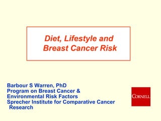 Diet, Lifestyle and  Breast Cancer Risk Barbour S Warren, PhD Program on Breast Cancer &  Environmental Risk Factors Sprecher Institute for Comparative Cancer  Research 