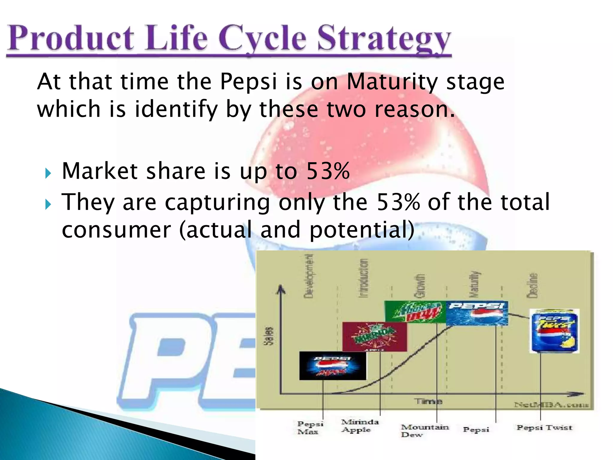 At that time the Pepsi is on Maturity stage
which is identify by these two reason.
 Market share is up to 53%
 They are capturing only the 53% of the total
consumer (actual and potential)
 