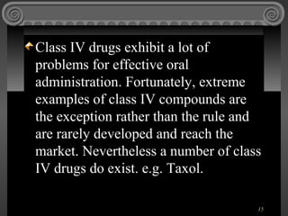 Class IV drugs exhibit a lot of
problems for effective oral
administration. Fortunately, extreme
examples of class IV comp...
