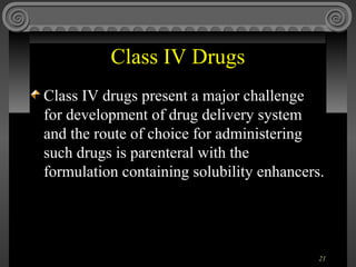 Class IV Drugs
Class IV drugs present a major challenge
for development of drug delivery system
and the route of choice fo...