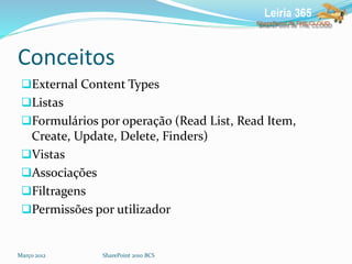 Conceitos
External Content Types
Listas
Formulários por operação (Read List, Read Item,
Create, Update, Delete, Finders)
Vistas
Associações
Filtragens
Permissões por utilizador
Março 2012 SharePoint 2010 BCS
 