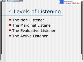 Basic Communication SkillsBasic Communication Skills
4 Levels of Listening
 The Non-Listener
 The Marginal Listener
 The Evaluative Listener
 The Active Listener
 