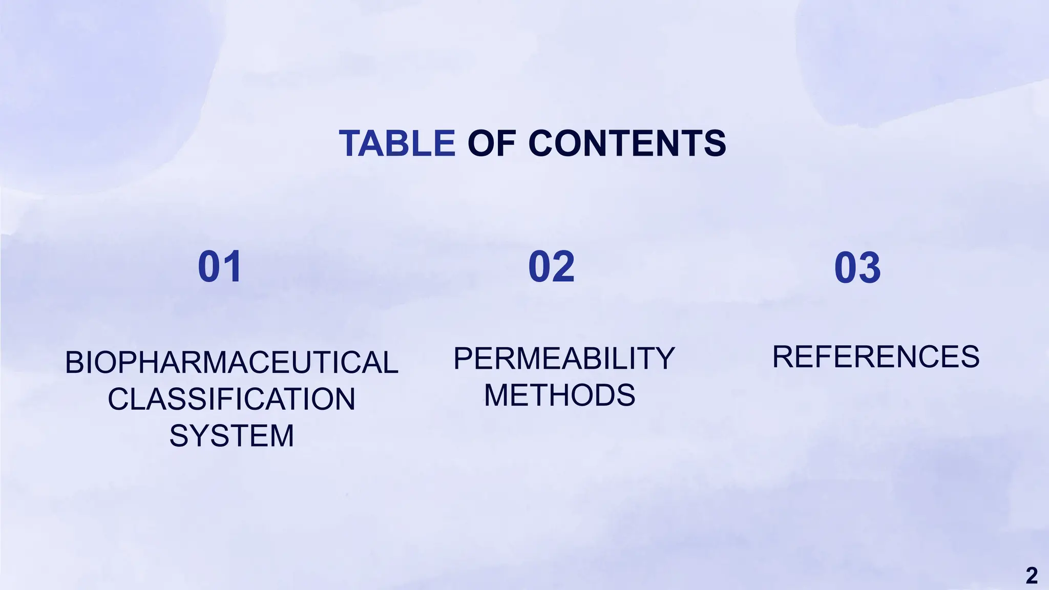2
TABLE OF CONTENTS
BIOPHARMACEUTICAL
CLASSIFICATION
SYSTEM
01
PERMEABILITY
METHODS
02
REFERENCES
03
 