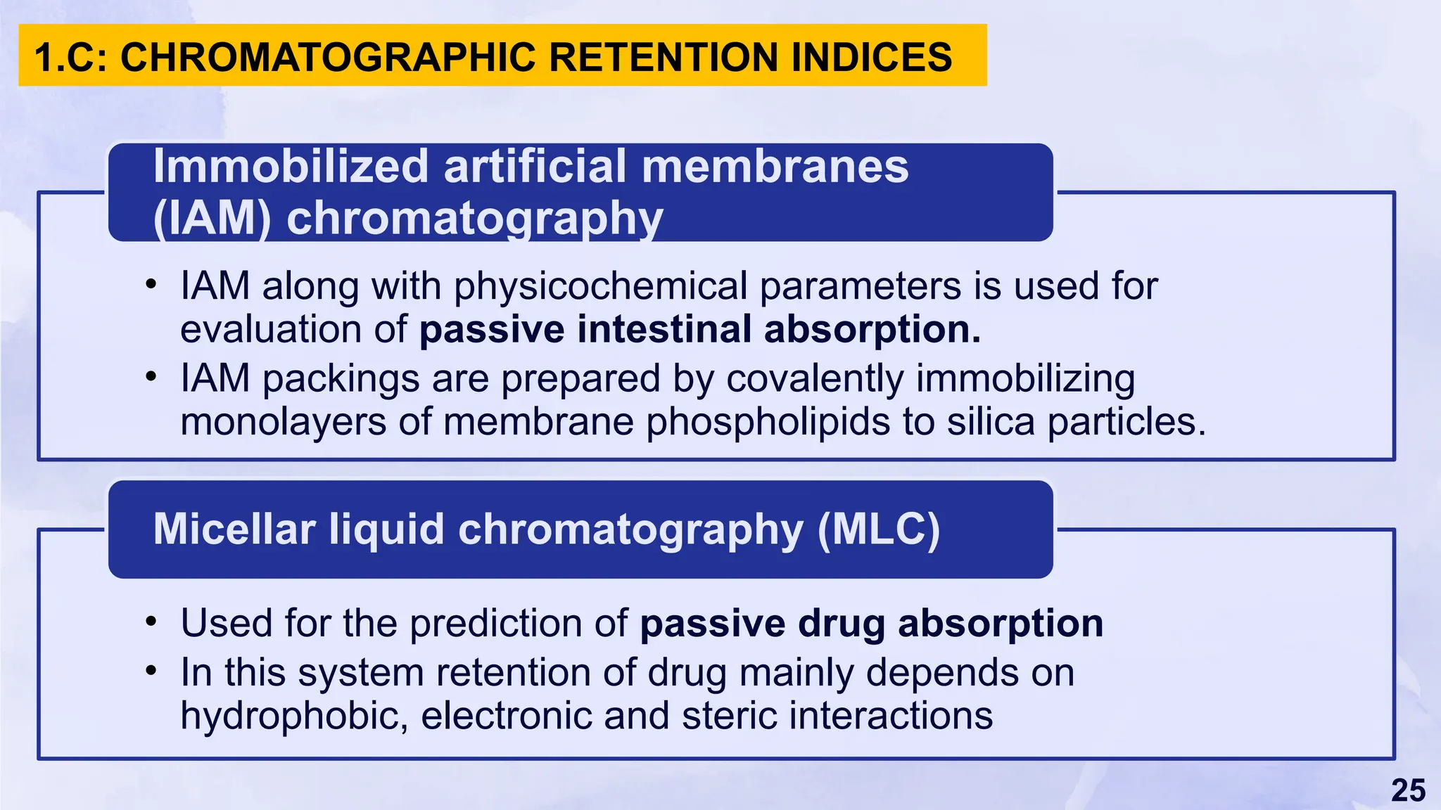 25
• IAM along with physicochemical parameters is used for
evaluation of passive intestinal absorption.
• IAM packings are prepared by covalently immobilizing
monolayers of membrane phospholipids to silica particles.
Immobilized artificial membranes
(IAM) chromatography
• Used for the prediction of passive drug absorption
• In this system retention of drug mainly depends on
hydrophobic, electronic and steric interactions
Micellar liquid chromatography (MLC)
1.C: CHROMATOGRAPHIC RETENTION INDICES
 