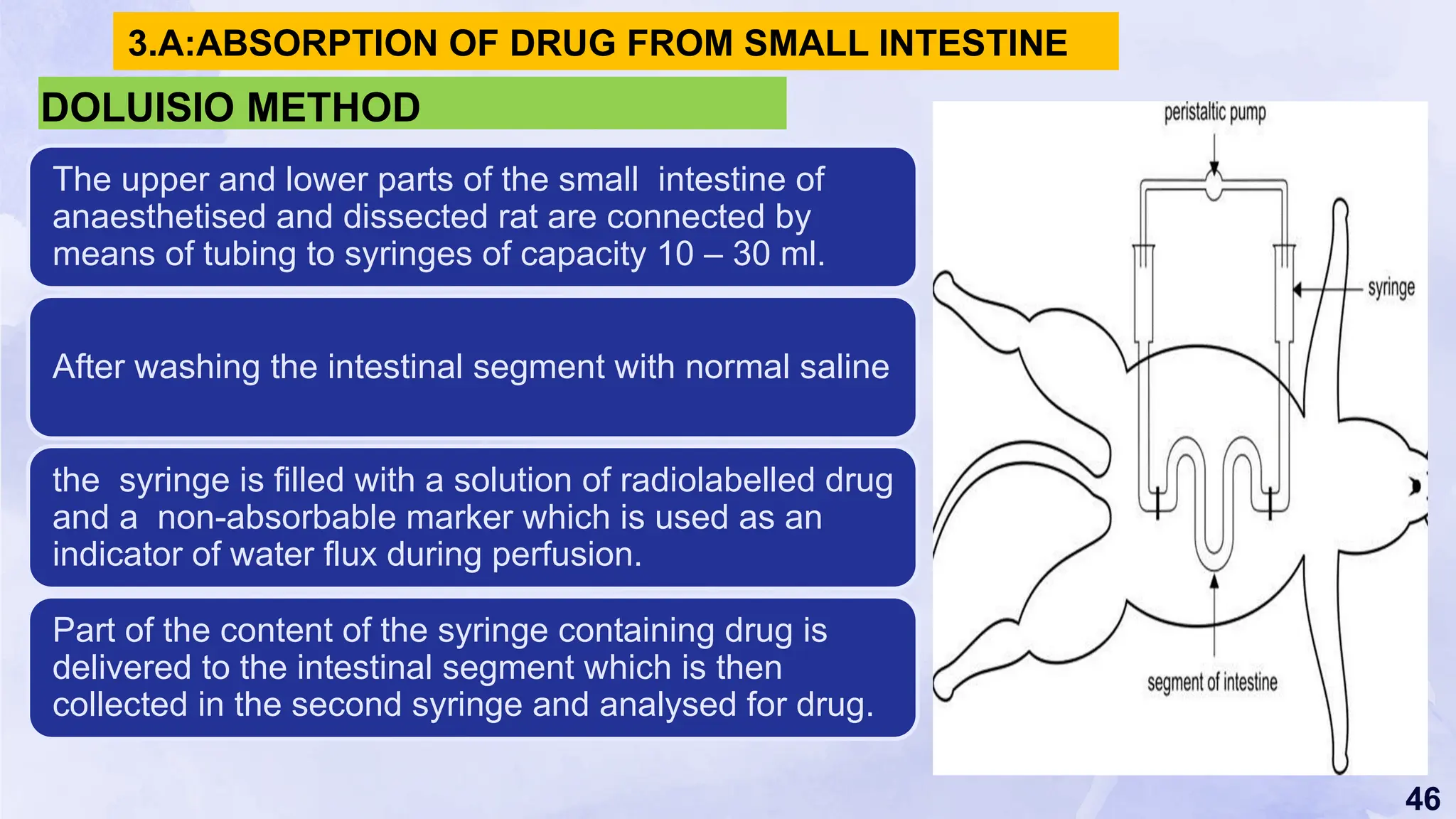 46
DOLUISIO METHOD
The upper and lower parts of the small intestine of
anaesthetised and dissected rat are connected by
means of tubing to syringes of capacity 10 – 30 ml.
After washing the intestinal segment with normal saline
the syringe is filled with a solution of radiolabelled drug
and a non-absorbable marker which is used as an
indicator of water flux during perfusion.
Part of the content of the syringe containing drug is
delivered to the intestinal segment which is then
collected in the second syringe and analysed for drug.
3.A:ABSORPTION OF DRUG FROM SMALL INTESTINE
 
