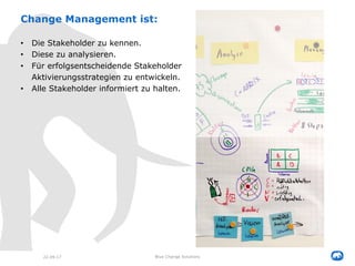 22.09.17 Blue Change Solutions
Change Management ist:
• Die Stakeholder zu kennen.
• Diese zu analysieren.
• Für erfolgsentscheidende Stakeholder
Aktivierungsstrategien zu entwickeln.
• Alle Stakeholder informiert zu halten.
 