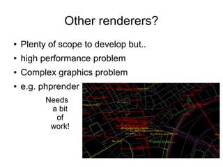 Other renderers?
● Plenty of scope to develop but..
● high performance problem
● Complex graphics problem
● e.g. phprender
Needs
a bit
of
work!
 