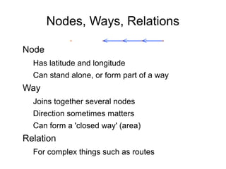 Nodes, Ways, Relations
Node
Has latitude and longitude
Can stand alone, or form part of a way
Way
Joins together several nodes
Direction sometimes matters
Can form a 'closed way' (area)
Relation
For complex things such as routes
 