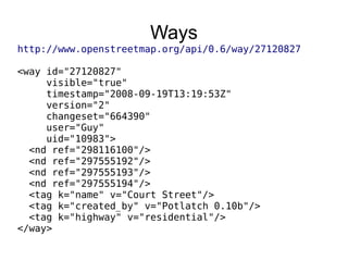 Ways
http://www.openstreetmap.org/api/0.6/way/27120827
<way id="27120827"
visible="true"
timestamp="2008-09-19T13:19:53Z"
version="2"
changeset="664390"
user="Guy"
uid="10983">
<nd ref="298116100"/>
<nd ref="297555192"/>
<nd ref="297555193"/>
<nd ref="297555194"/>
<tag k="name" v="Court Street"/>
<tag k="created_by" v="Potlatch 0.10b"/>
<tag k="highway" v="residential"/>
</way>
 