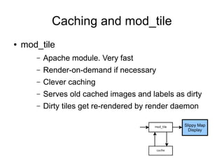 Caching and mod_tile
● mod_tile
– Apache module. Very fast
– Render-on-demand if necessary
– Clever caching
– Serves old cached images and labels as dirty
– Dirty tiles get re-rendered by render daemon
Slippy Map
Display
 