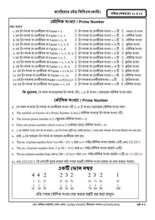 ক্যারযয়ায এইড রফর঳এ঳ কক্ার িং 
‡nW Awdmt dvg©‡MU, XvKv| †dvbt 01731 670377, bxj‡ÿZ kvLvt 01792510208 c„ôv # 4 
গরনত করক্ াযঃ ০১ ঑ ০২ 
কভৌররক্ ঳িংখযা / Prime Number 
রক্ষ্য করুন 
১ এয উৎ঩াদক ফা গুণনীয়ক ফা Factor = ১  উৎ঩াদক ফা গুণনীয়ক ঳ংখ্যা = ১ টি  ঳াধাযণ উৎ঩াদক 
২ এয উৎ঩াদক ফা গুণনীয়ক ফা Factor = ১, ২  উৎ঩াদক ফা গুণনীয়ক ঳ংখ্যা = ২ টি  কভৌনরক ঳ংখ্যা 
৩ এয উৎ঩াদক ফা গুণনীয়ক ফা Factor = ১, ৩  উৎ঩াদক ফা গুণনীয়ক ঳ংখ্যা = ২ টি  কভৌনরক ঳ংখ্যা 
৪ এয উৎ঩াদক ফা গুণনীয়ক ফা Factor = ১, ২, ৪  উৎ঩াদক ফা গুণনীয়ক ঳ংখ্যা = ৩ টি  কৃনেভ ঳ংখ্যা 
৫ এয উৎ঩াদক ফা গুণনীয়ক ফা Factor = ১, ৫  উৎ঩াদক ফা গুণনীয়ক ঳ংখ্যা = ২ টি  কভৌনরক ঳ংখ্যা 
৬ এয উৎ঩াদক ফা গুণনীয়ক ফা Factor = ১, ২, ৩, ৬  উৎ঩াদক ফা গুণনীয়ক ঳ংখ্যা = ৪ টি  কৃনেভ ঳ংখ্যা 
৭ এয উৎ঩াদক ফা গুণনীয়ক ফা Factor = ১, ৭  উৎ঩াদক ফা গুণনীয়ক ঳ংখ্যা = ২ টি  কভৌনরক ঳ংখ্যা 
৮ এয উৎ঩াদক ফা গুণনীয়ক ফা Factor = ১, ২, ৪, ৮  উৎ঩াদক ফা গুণনীয়ক ঳ংখ্যা = ৪ টি  কৃনেভ ঳ংখ্যা 
৯ এয উৎ঩াদক ফা গুণনীয়ক ফা Factor = ১, ৩, ৯  উৎ঩াদক ফা গুণনীয়ক ঳ংখ্যা = ৩ টি  কৃনেভ ঳ংখ্যা 
১০ এয উৎ঩াদক ফা গুণনীয়ক ফা Factor = ১,২,৫,১০  উৎ঩াদক ফা গুণনীয়ক ঳ংখ্যা = ৪ টি  কৃনেভ ঳ংখ্যা 
১১ এয উৎ঩াদক ফা গুণনীয়ক ফা Factor = ১, ১১  উৎ঩াদক ফা গুণনীয়ক ঳ংখ্যা = ২ টি  কভৌনরক ঳ংখ্যা 
১২ এয উৎ঩াদক ফা গুণনীয়ক ফা Factor = ১,২,৩,৪,৬,১২  উৎ঩াদক ফা গুণনীয়ক ঳ংখ্যা = ৬ টি  কৃনেভ ঳ংখ্যা 
১৩ এয উৎ঩াদক ফা গুণনীয়ক ফা Factor = ১, ১৩  উৎ঩াদক ফা গুণনীয়ক ঳ংখ্যা = ২ টি  কভৌনরক ঳ংখ্যা 
রক্ ফুঝতরন, কম ঳কর ঳ংখ্যাগুলরায উৎ঩াদক ২টি ( ১ ঑ ঐ ঳ংখ্যা ) তালদযলক কভৌনরক ঳ংখ্যা ফলর। 
কভৌররক্ ঳িংখযা / Prime Number 
1. কম ঳কর ঳ংখ্যায উৎ঩াদক ফা গুণনীয়ক ঳ংখ্যা ২টি (১ ঑ ঐ ঳ংখ্যা) তালদযলক কভৌনরক ঳ংখ্যা ফলর। 
2. The number of Factors of a Prime Number is two.( কভৌনরক ঳ংখ্যায উৎ঩াদক ঳ংখ্যা ২টি) 
3. The lowest prime number is 2. (ক্ষ্ুদ্রতভ কভৌনরক ঳ংখ্যা = ২) 
4. Only one prime number which even is 2 (একভাে কজাড় কভৌনরক ঳ংখ্যা = ২) 
5. ১-কক কভৌনরক ঳ংখ্যা ফরা ঴য় না কাযণ ১-এয উৎ঩াদক দুআটি নয় একটি,তাোড়া ১ ঳ফায জনয ঳াধাযণ উৎ঩াদক ন঴ল঳লফ গনয কযা ঴য়। 
6. তাআ..১-কক ঳াধাযণ উৎ঩াদক ফা ঳াধাযণ গুণনীয়ক ফরা ঴য়। 
7. The no. of prime number from 1 to 100 = 25 ( ১ ঴লত ১০০ ঩মগন্ত কভৌনরক ঳ংখ্যা যলয়লে ২৫টি )442 232 232 1 
8. The no. of prime number from 1 to 50 = 15 (১ ঴লত ৫০ ঩মগন্ত কভৌনরক ঳ংখ্যা যলয়লে ১৫টি) 
9. The no.of prime number from 100 to 200 = 21 (১০০ ঴লত ২০০ ঩মগন্ত কভৌনরক ঳ংখ্যা যলয়লে ২১টি) 41 131 222 14 
10. 442-232-232-1 এআ ককাডটি ভুখ্ʅ যাখ্লর প্রনত দ঱লক কতটি কভৌনরক ঳ংখ্যা যলয়লে তা কফয কযলত ঩াযলফ। 
এক্টি কপান নম্বয 
4 4 2 2 3 2 2 3 2 1 
1 11 21 31 41 51 61 71 81 91 
↓ ↓ ↓ ↓ ↓ ↓ ↓ ↓ ↓ ↓ 
10 20 30 40 50 60 70 80 90 100 
প্রনত দ঱লক কভৌনরক ঳ংখ্যা কফয কযায ভন্ত্রটি যপ্ত কলয যাখ্ুন।  