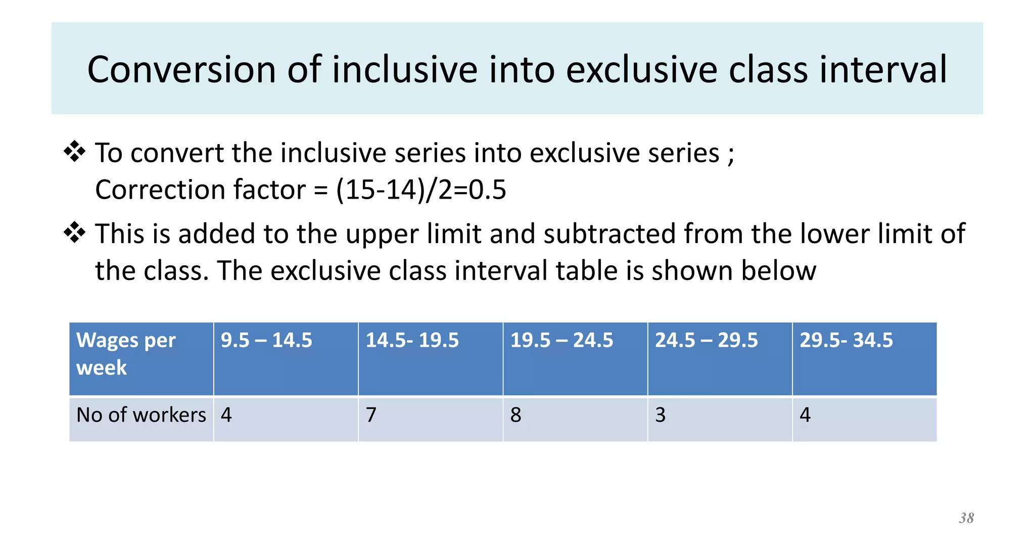Conversion of inclusive into exclusive class interval
 To convert the inclusive series into exclusive series ;
Correction factor = (15-14)/2=0.5
 This is added to the upper limit and subtracted from the lower limit of
the class. The exclusive class interval table is shown below
Wages per
week
9.5 – 14.5 14.5- 19.5 19.5 – 24.5 24.5 – 29.5 29.5- 34.5
No of workers 4 7 8 3 4
38
 