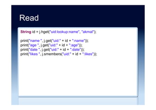Create
String query =
"BEGIN BATCHn" +
"INSERT INTO people (name, age, date, likes) VALUES ('akmal', 40, '"
+ new Date() +
"', {'satay', 'kebabs', 'fish-n-chips'})n" +
"APPLY BATCH;";
Statement statement = connection.createStatement();
statement.executeUpdate(query);
statement.close();
 