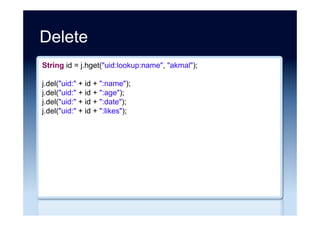 Update
String query =
"UPDATE people SET age = 29 WHERE name = 'akmal'";
Statement statement = connection.createStatement();
statement.executeUpdate(query);
statement.close();
 
