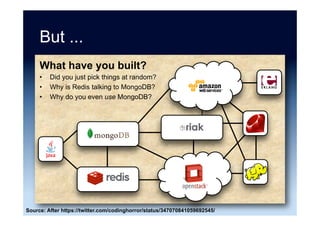 Use case requirements ...
•  Consistent low latency, even under high load
–  Typically milliseconds or sub-milliseconds, for reads
and writes
–  Even with millions of users
•  Dynamic elasticity
–  Rapid horizontal scalability
–  Ability to add or delete nodes dynamically
–  Application transparent elasticity, such as automatic
(re)distribution of data, if needed
–  Cloud compatibility
 