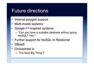Relational XML RDF
Tables Trees Graphs
Flat, highly structured Hierarchical data Linked data
Rows in a table Nodes in a tree Triples describe links
Fixed schema No or flexible schema Highly flexible
SQL (ANSI/ISO) XPath/XQuery (W3C) SPARQL (W3C)
Relational vs. XML vs. RDF
 
