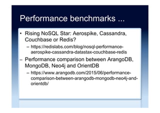 Product selection ...
•  NoSQL Data Modeling Techniques
–  http://highlyscalable.wordpress.com/2012/03/01/
nosql-data-modeling-techniques/
•  Choosing a NoSQL data store according to your
data set
–  http://00f.net/2010/05/15/choosing-a-nosql-data-store-
according-to-your-data-set/
 