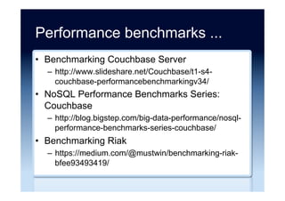 Short product overviews
•  Cassandra vs MongoDB vs CouchDB vs Redis
vs Riak vs HBase vs Couchbase vs Neo4j vs
Hypertable vs ElasticSearch vs Accumulo vs
VoltDB vs Scalaris comparison
–  http://kkovacs.eu/cassandra-vs-mongodb-vs-
couchdb-vs-redis/
•  vsChart.com
–  http://vschart.com/list/database/
 