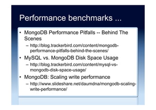 NoSQL alternatives ...
•  Learn to stop using shiny new things and love
MySQL
–  https://engineering.pinterest.com/blog/learn-stop-
using-shiny-new-things-and-love-mysql/
•  Etsy goes retro to scale big data
–  http://www.techrepublic.com/article/etsy-goes-retro-to-
scale/
•  Project Mezzanine: The Great Migration
–  https://eng.uber.com/mezzanine-migration/
 